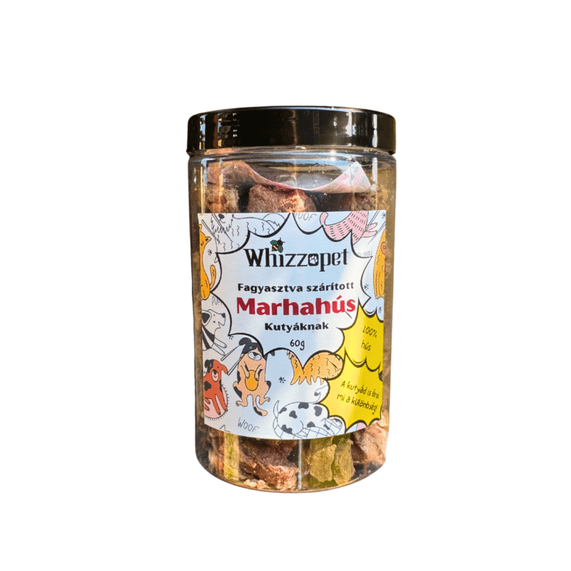 Whizzopet fagyasztva szárított marhahús jutalomfalat kutyáknak – 100% hús, 60g, színes rajzos címkével ellátott műanyag tégelyben.