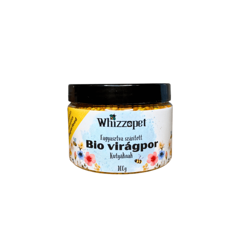 Whizzopet fagyasztva szárított bio virágpor kutyáknak – 100g-os tégely színes virágos címkével.