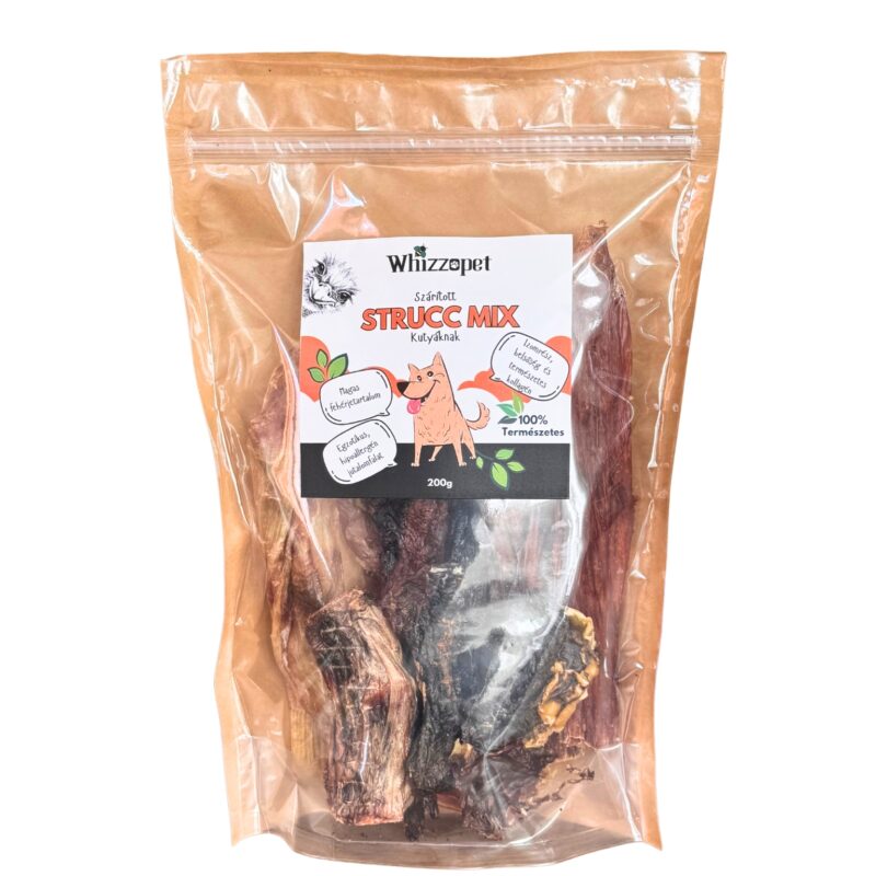 Szárított strucc mix jutalomfalat kutyának - egzotikus, hipoallergén fehérjeforrás.