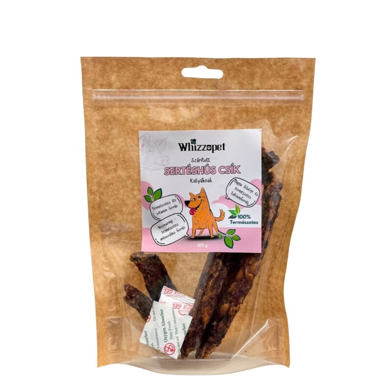 Szárított sertéshúscsík jutalomfalat kutyának, magas hústartalommal.