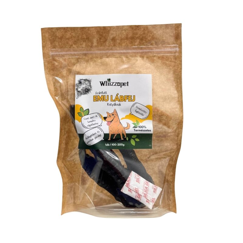 Szárított emu lábfej kutyáknak, természetes rágó karmokkal és vastag bőrrel.