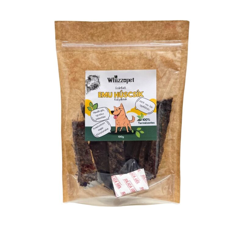 Whizzopet prémium szárított emu húscsík 100g-os kiszerelésben, visszazárható csomagolásban kutyáknak.