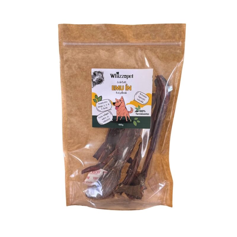 Whizzopet szárított emu ín 100g-os visszazárható tasakban. Természetes, hipoallergén rágóka kutyáknak kollagénnel az ízületek védelméért.