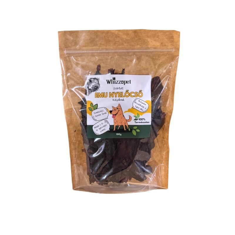 Whizzopet szárított emu nyelőcső kutyáknak, 100g-os visszazárható tasakban. Természetes L-karnitin és Omega 3-6-9 zsírsav forrás az anyagcsere és az ízületek támogatásáért.